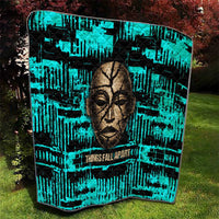 Chinua Achebe Quilt with Tribal Mask Design, Things Fall Apart Quote and Teal Abstract - Wonder Print Shop