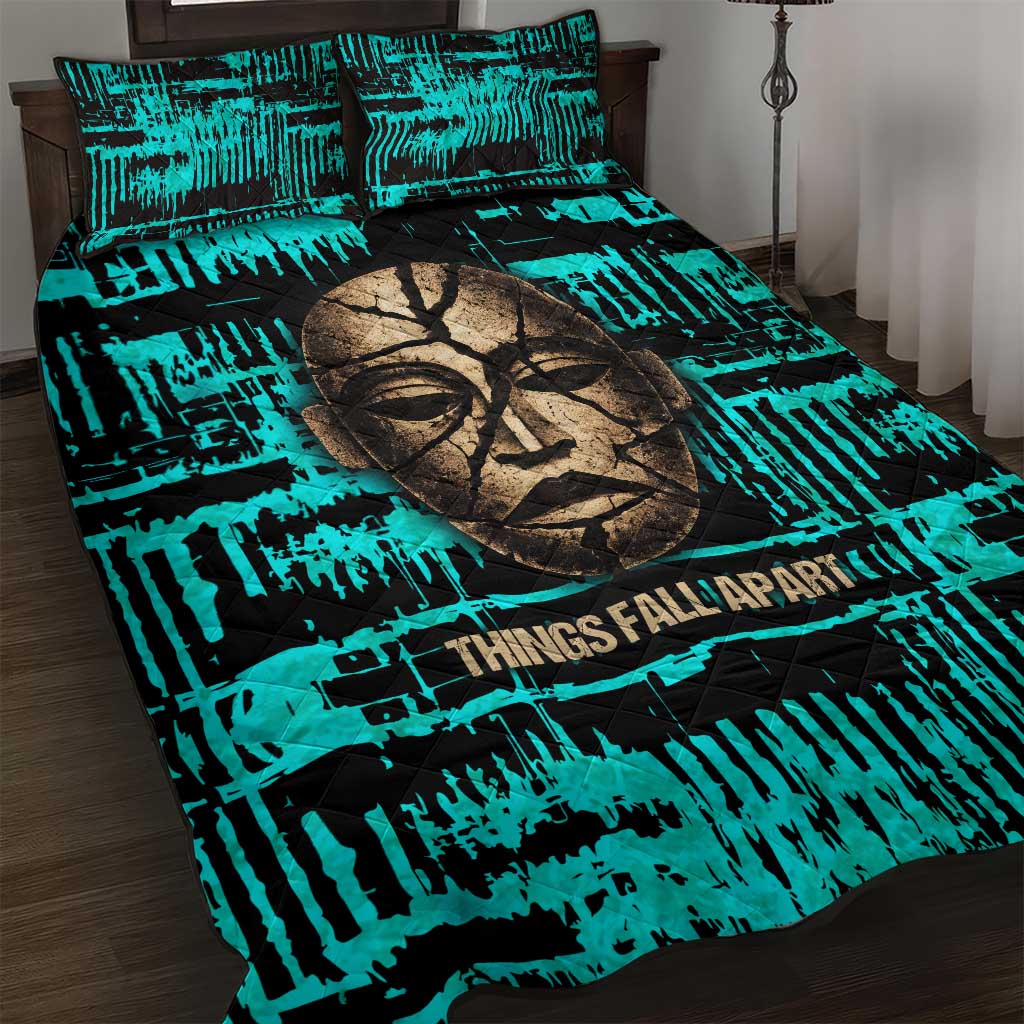 Chinua Achebe Quilt Bed Set with Tribal Mask Design, Things Fall Apart Quote and Teal Abstract - Wonder Print Shop