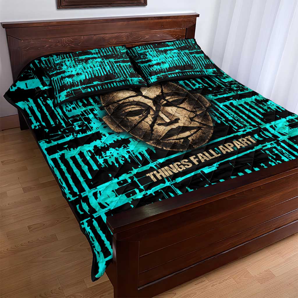 Chinua Achebe Quilt Bed Set with Tribal Mask Design, Things Fall Apart Quote and Teal Abstract - Wonder Print Shop