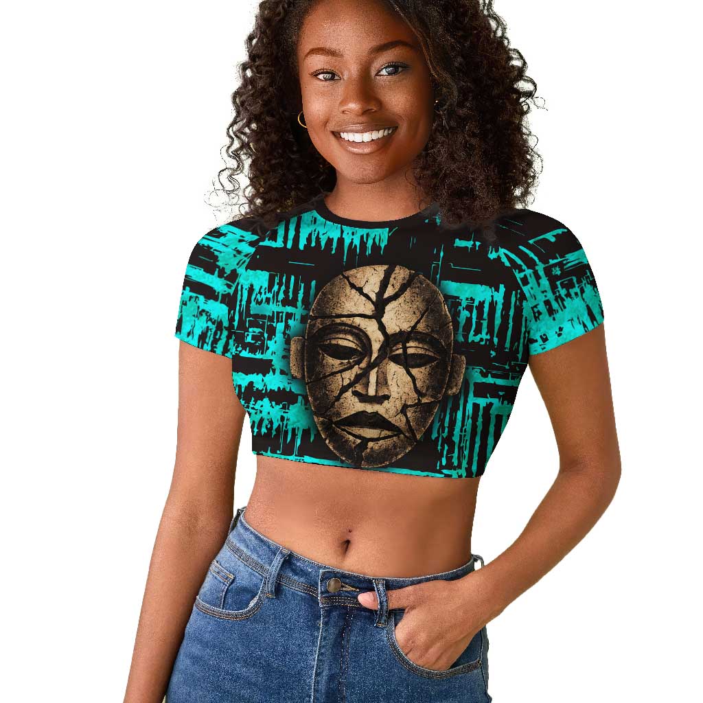 Chinua Achebe Raglan Cropped T shirt with Tribal Mask Design, Things Fall Apart Quote and Teal Abstract - Wonder Print Shop