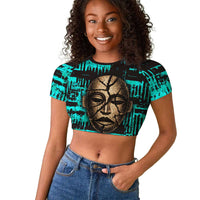 Chinua Achebe Raglan Cropped T shirt with Tribal Mask Design, Things Fall Apart Quote and Teal Abstract - Wonder Print Shop