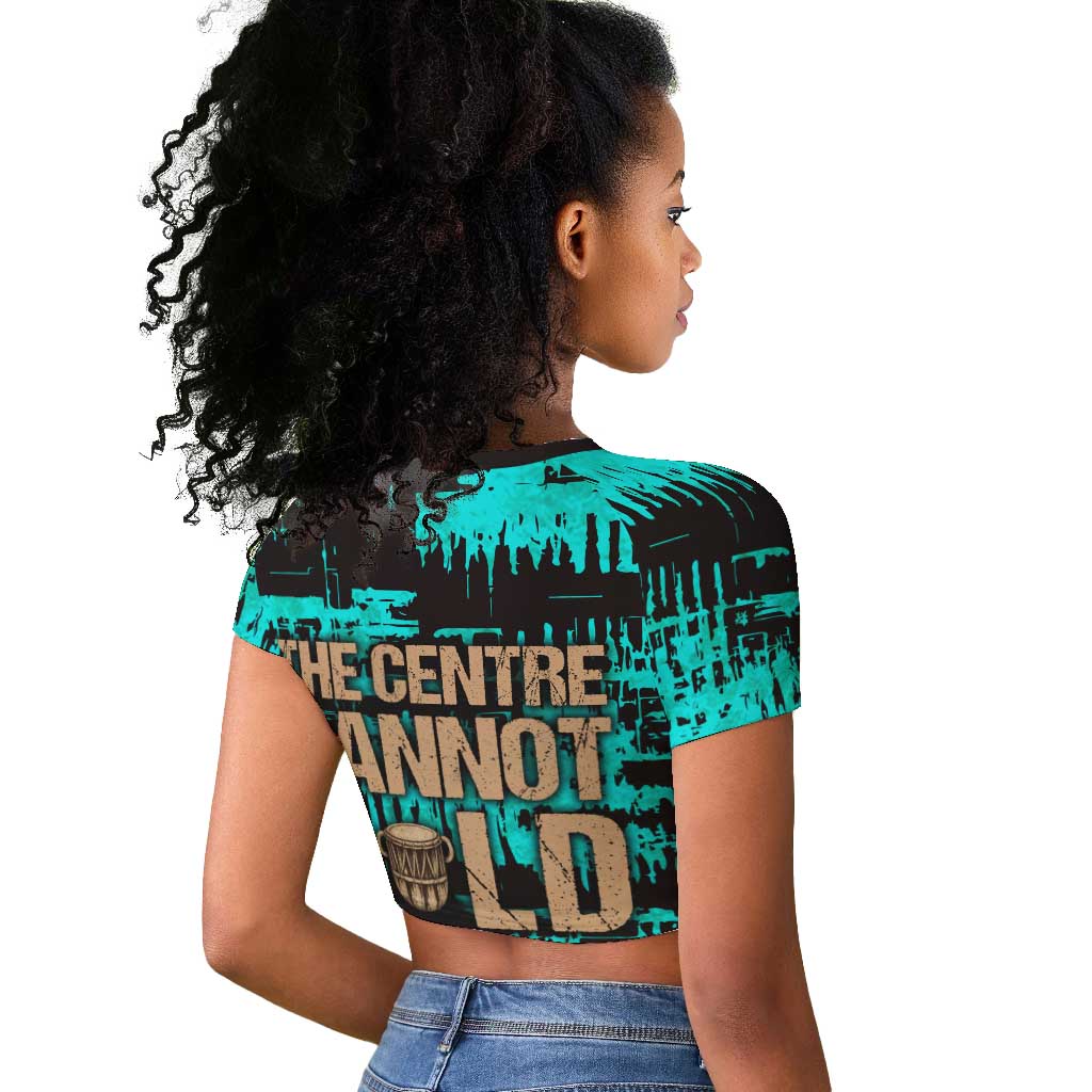 Chinua Achebe Raglan Cropped T shirt with Tribal Mask Design, Things Fall Apart Quote and Teal Abstract - Wonder Print Shop