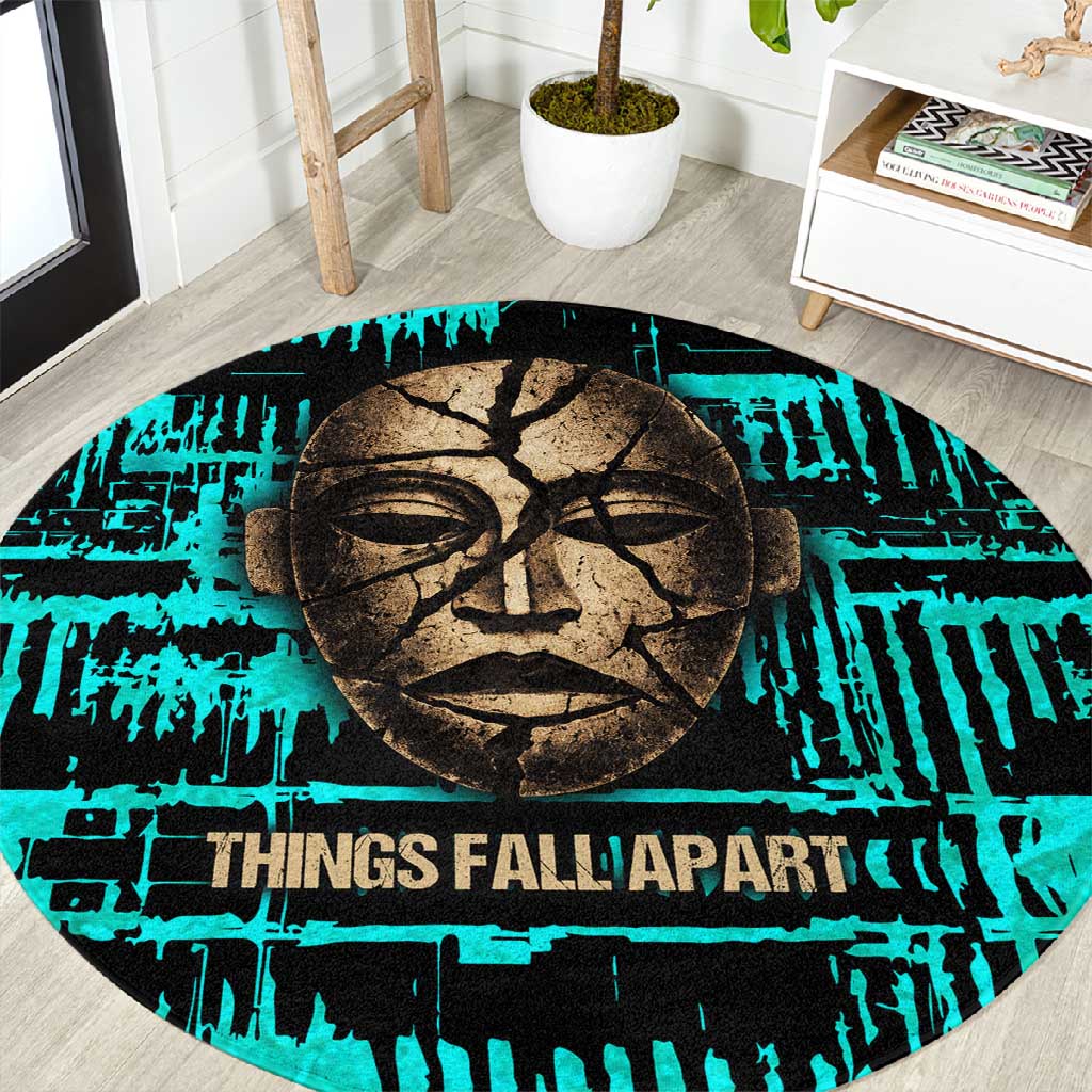 Chinua Achebe Round Carpet with Tribal Mask Design, Things Fall Apart Quote and Teal Abstract - Wonder Print Shop