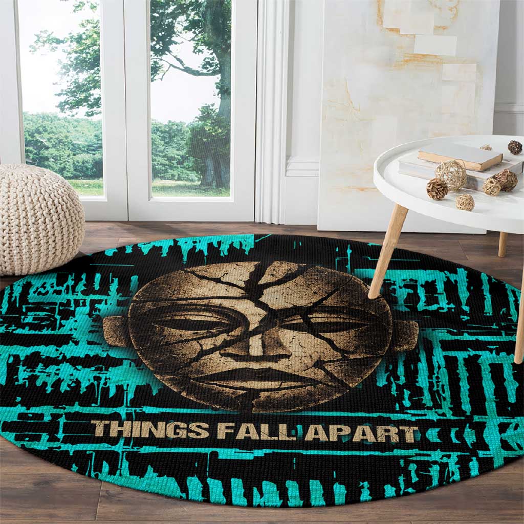 Chinua Achebe Round Carpet with Tribal Mask Design, Things Fall Apart Quote and Teal Abstract - Wonder Print Shop