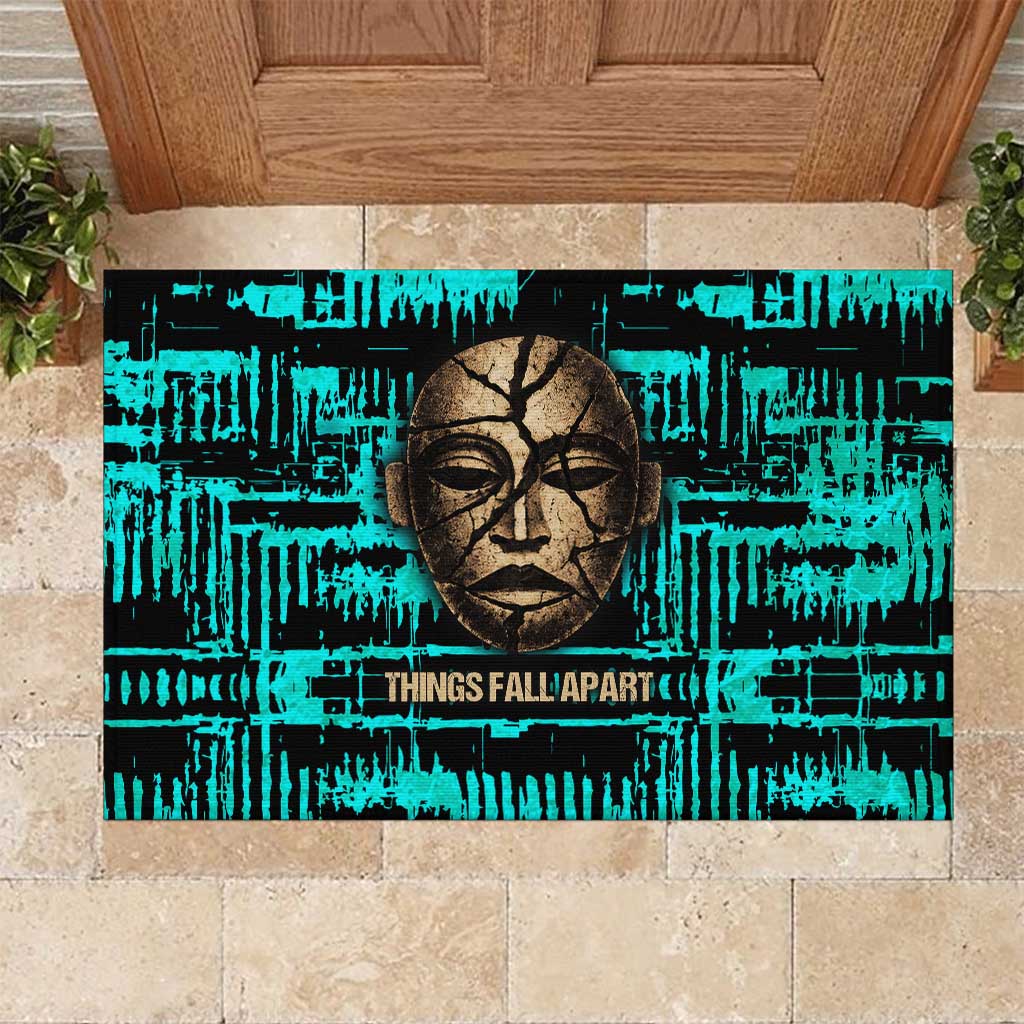 Chinua Achebe Rubber Doormat with Tribal Mask Design, Things Fall Apart Quote and Teal Abstract - Wonder Print Shop