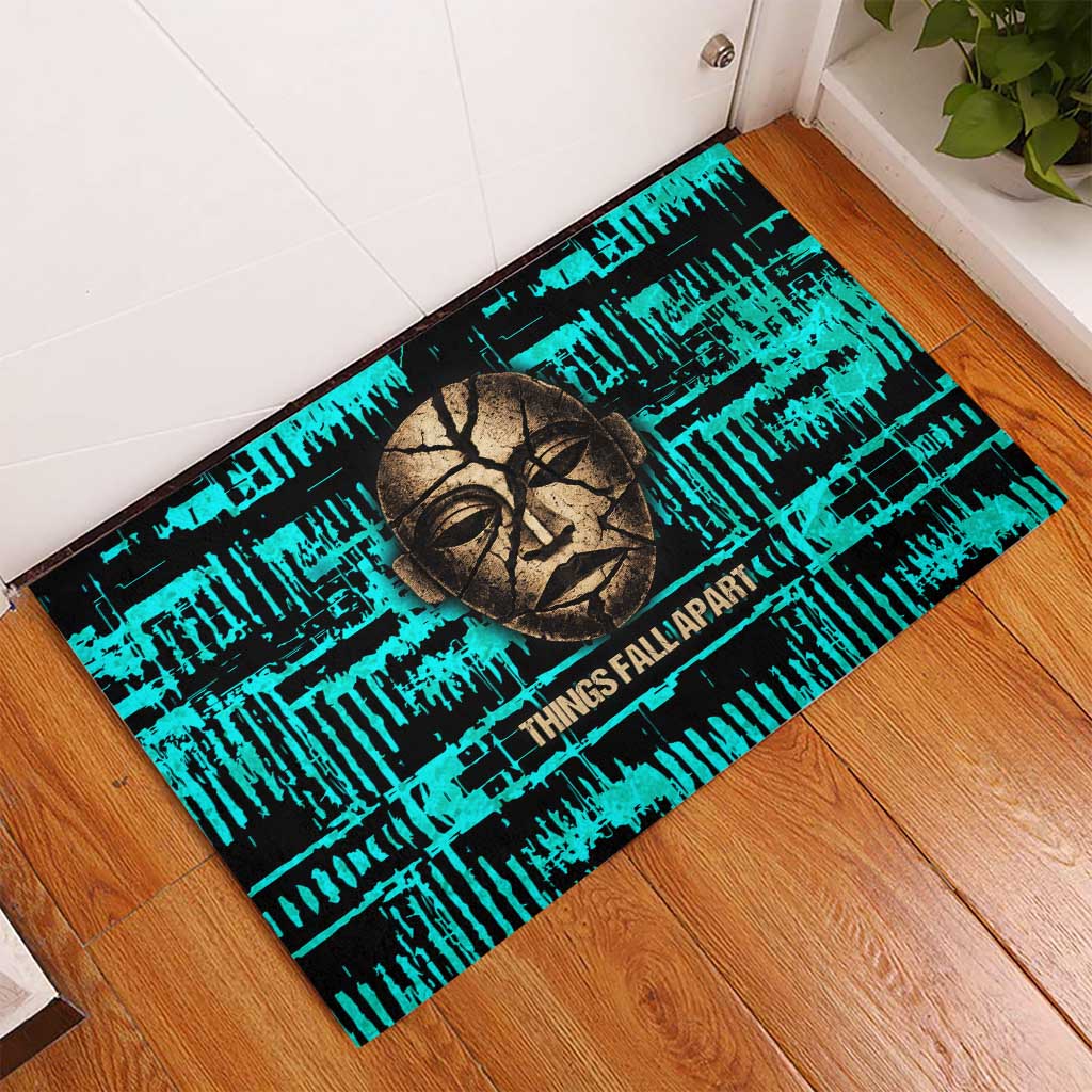 Chinua Achebe Rubber Doormat with Tribal Mask Design, Things Fall Apart Quote and Teal Abstract - Wonder Print Shop