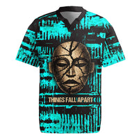 Chinua Achebe Rugby Jersey with Tribal Mask Design, Things Fall Apart Quote and Teal Abstract - Wonder Print Shop