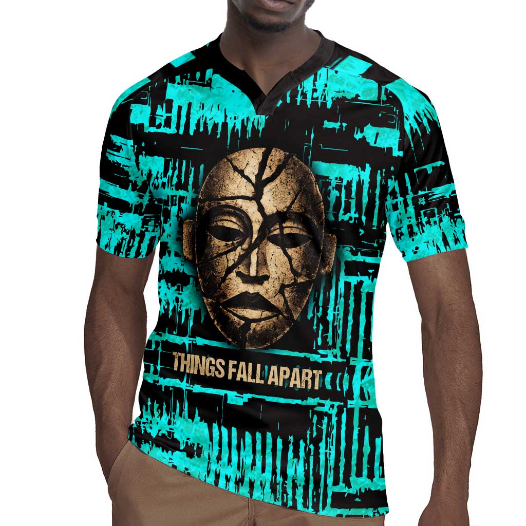 Chinua Achebe Rugby Jersey with Tribal Mask Design, Things Fall Apart Quote and Teal Abstract - Wonder Print Shop
