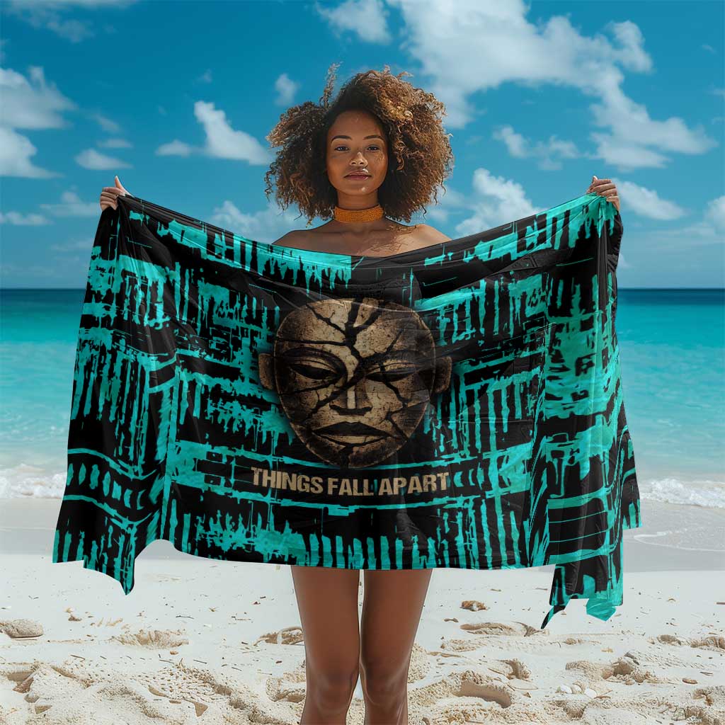 Chinua Achebe Sarong with Tribal Mask Design, Things Fall Apart Quote and Teal Abstract - Wonder Print Shop