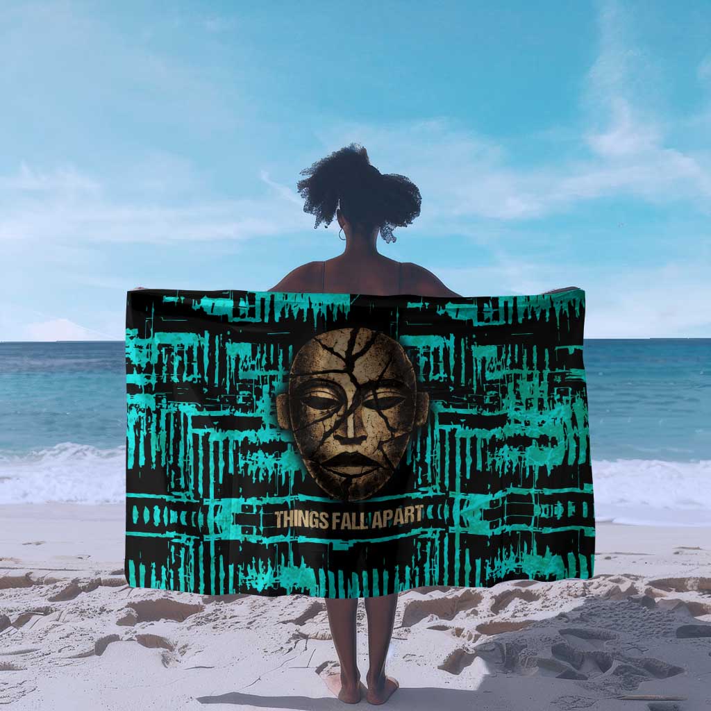 Chinua Achebe Sarong with Tribal Mask Design, Things Fall Apart Quote and Teal Abstract - Wonder Print Shop