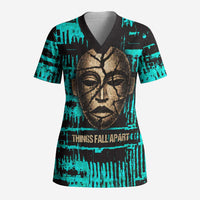Chinua Achebe Scrub Top with Tribal Mask Design, Things Fall Apart Quote and Teal Abstract - Wonder Print Shop