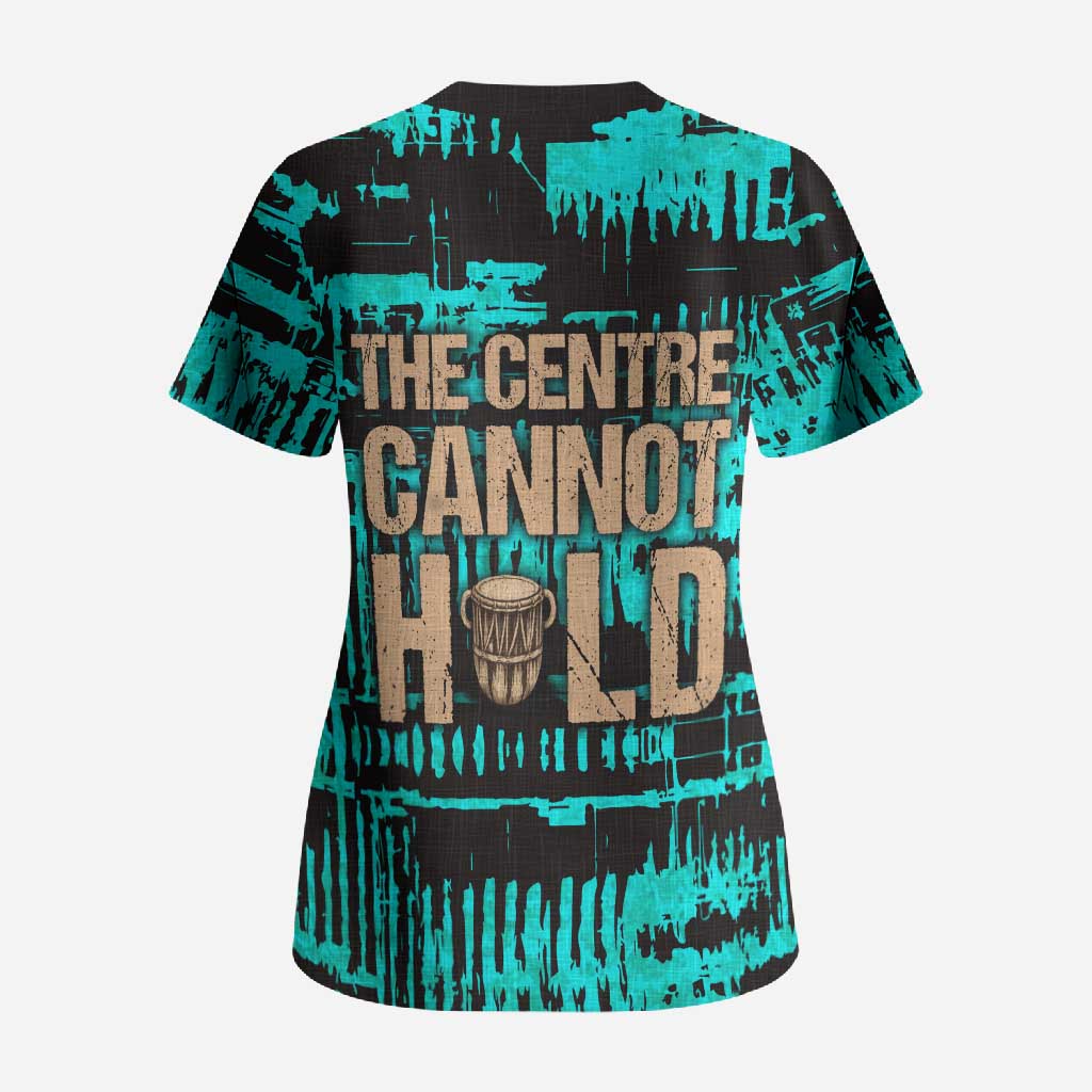 Chinua Achebe Scrub Top with Tribal Mask Design, Things Fall Apart Quote and Teal Abstract - Wonder Print Shop