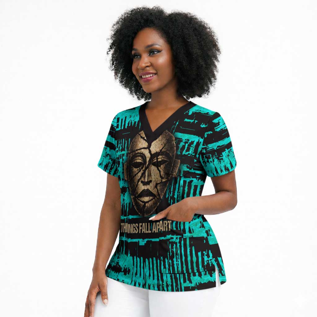 Chinua Achebe Scrub Top with Tribal Mask Design, Things Fall Apart Quote and Teal Abstract - Wonder Print Shop