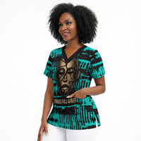 Chinua Achebe Scrub Top with Tribal Mask Design, Things Fall Apart Quote and Teal Abstract - Wonder Print Shop