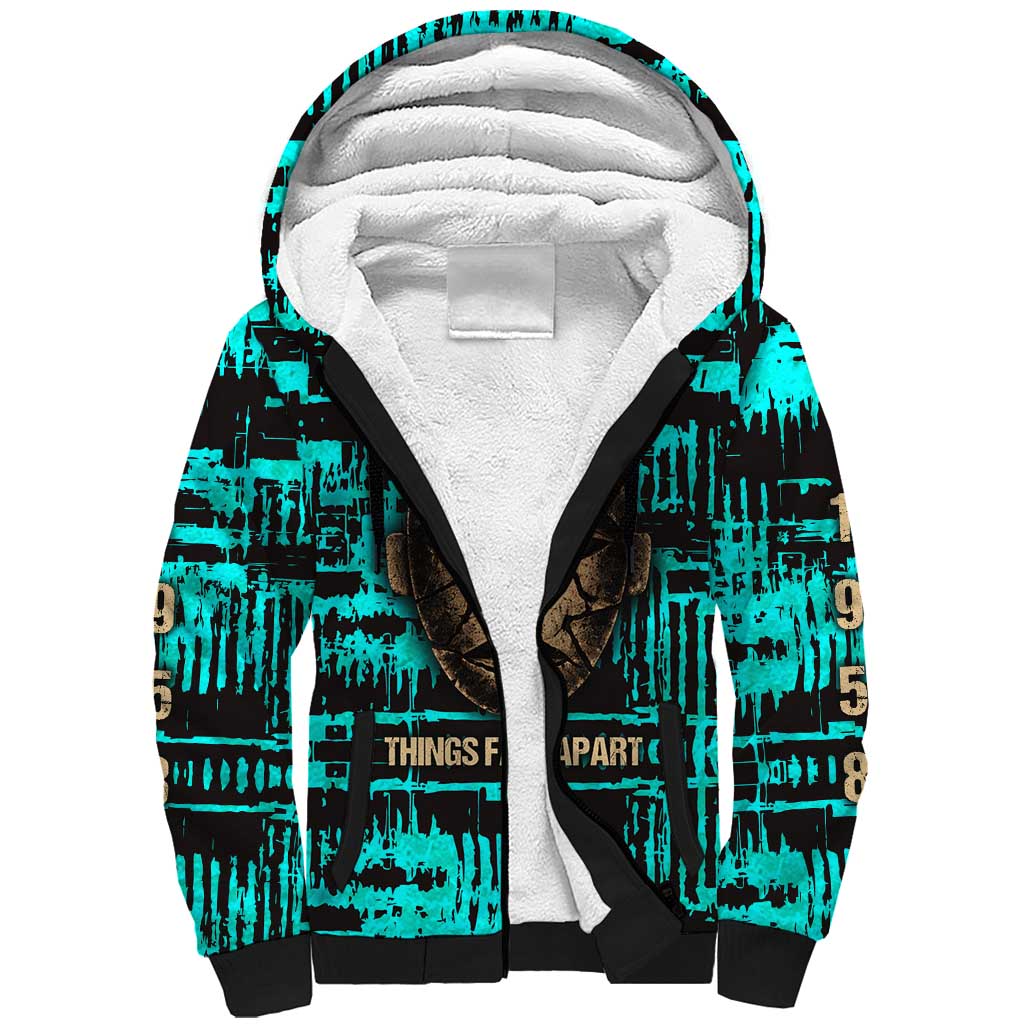 Chinua Achebe Sherpa Hoodie with Tribal Mask Design, Things Fall Apart Quote and Teal Abstract - Wonder Print Shop