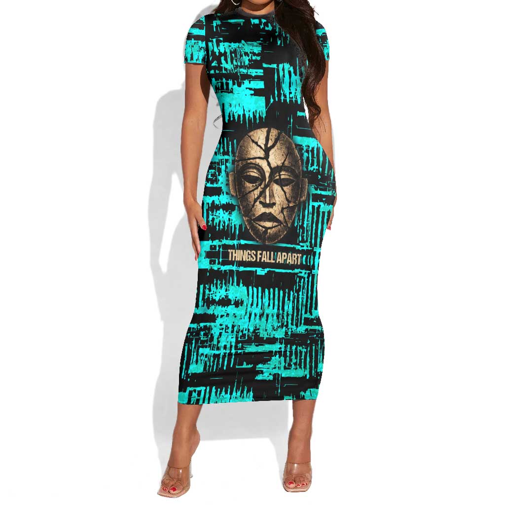 Chinua Achebe Short Sleeve Bodycon Dress with Tribal Mask Design, Things Fall Apart Quote and Teal Abstract - Wonder Print Shop