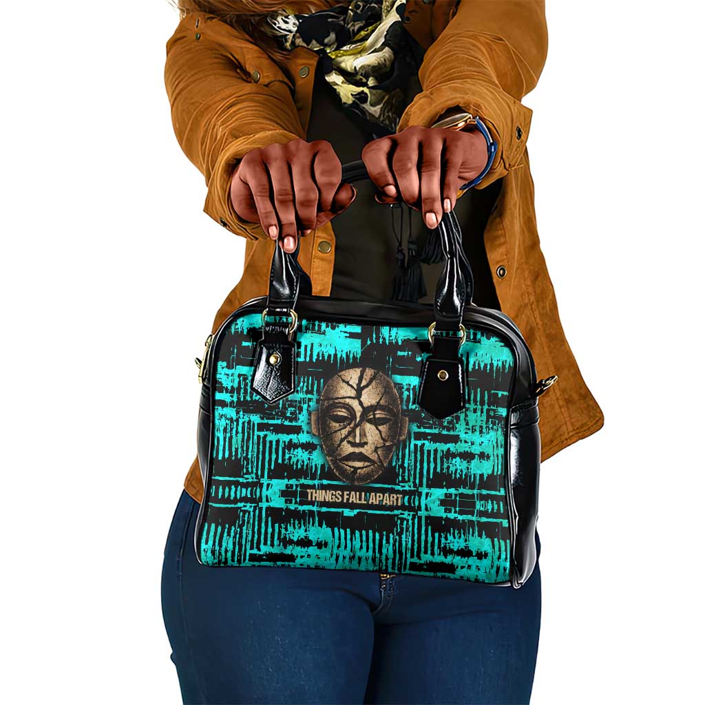 Chinua Achebe Shoulder Handbag with Tribal Mask Design, Things Fall Apart Quote and Teal Abstract - Wonder Print Shop