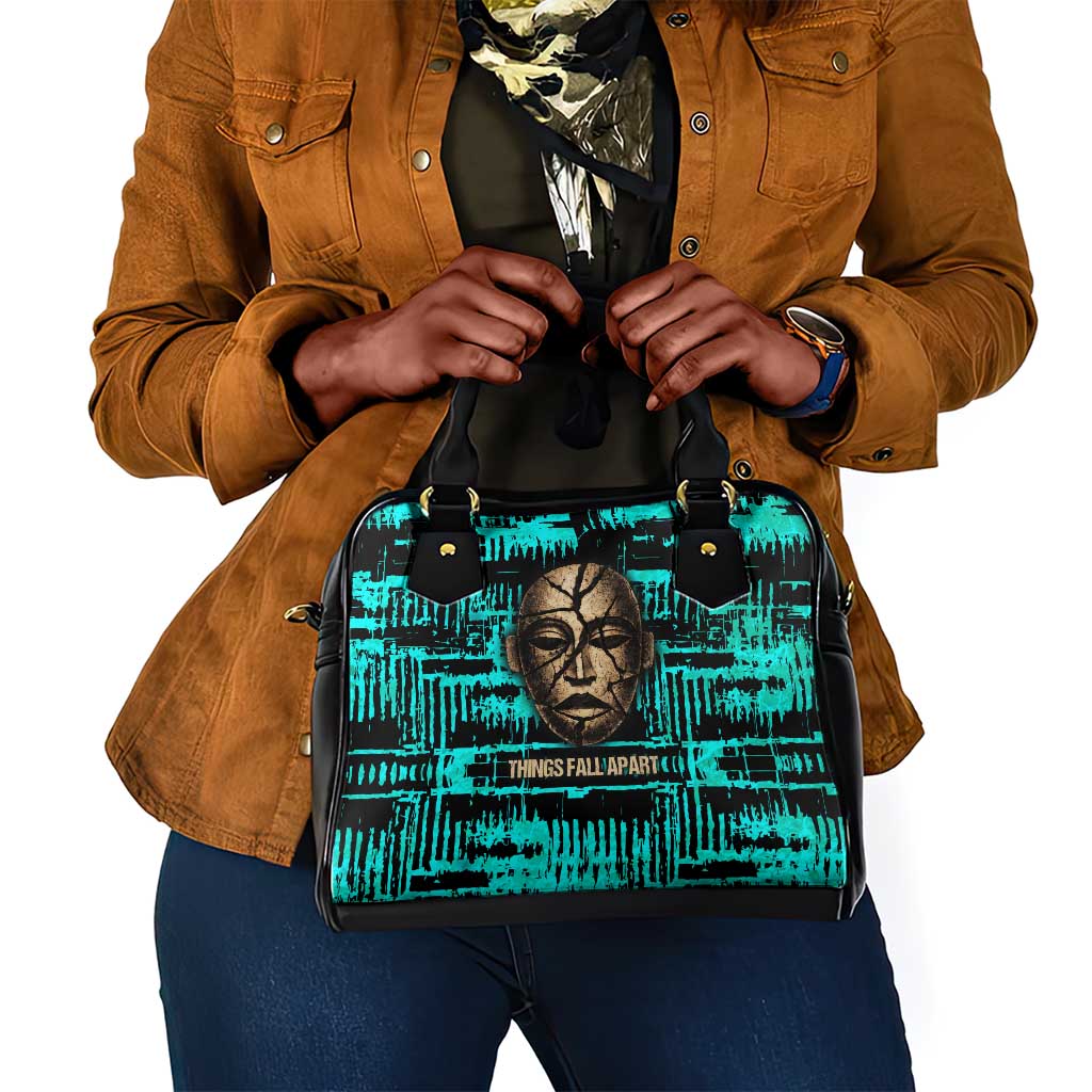 Chinua Achebe Shoulder Handbag with Tribal Mask Design, Things Fall Apart Quote and Teal Abstract - Wonder Print Shop