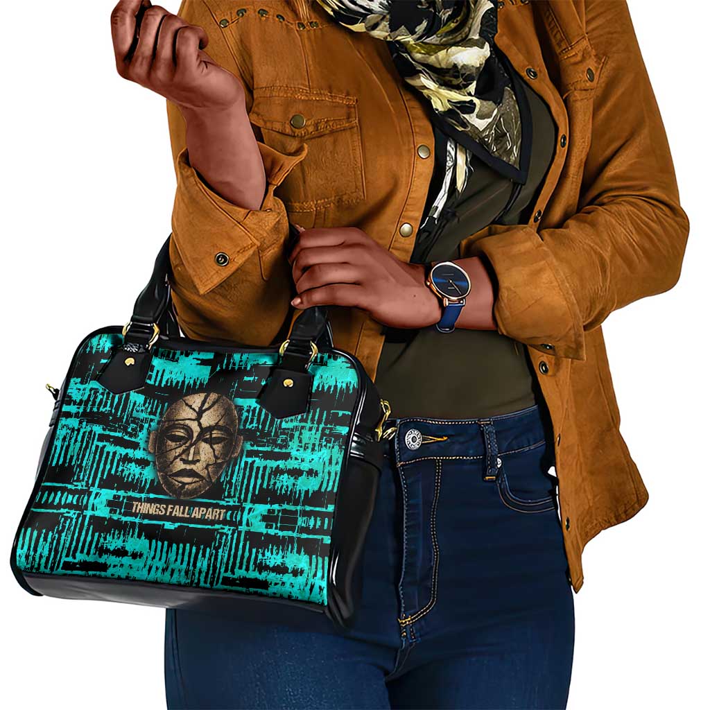 Chinua Achebe Shoulder Handbag with Tribal Mask Design, Things Fall Apart Quote and Teal Abstract - Wonder Print Shop