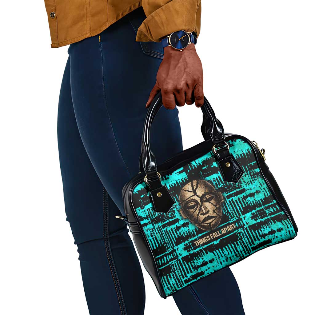 Chinua Achebe Shoulder Handbag with Tribal Mask Design, Things Fall Apart Quote and Teal Abstract - Wonder Print Shop