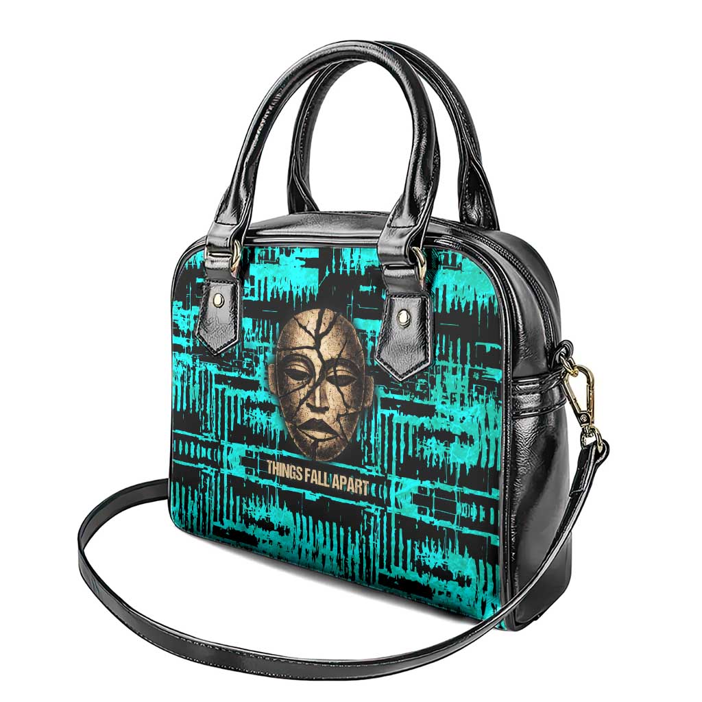 Chinua Achebe Shoulder Handbag with Tribal Mask Design, Things Fall Apart Quote and Teal Abstract - Wonder Print Shop