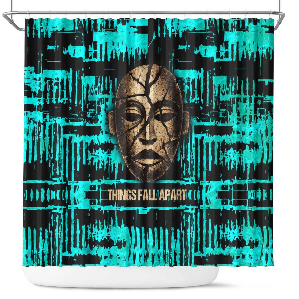 Chinua Achebe Shower Curtain with Tribal Mask Design, Things Fall Apart Quote and Teal Abstract - Wonder Print Shop