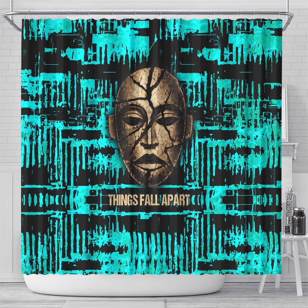 Chinua Achebe Shower Curtain with Tribal Mask Design, Things Fall Apart Quote and Teal Abstract - Wonder Print Shop