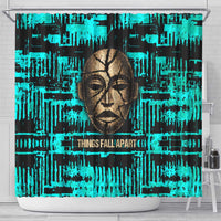 Chinua Achebe Shower Curtain with Tribal Mask Design, Things Fall Apart Quote and Teal Abstract - Wonder Print Shop