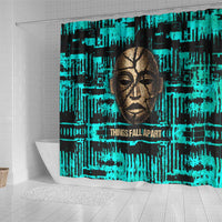 Chinua Achebe Shower Curtain with Tribal Mask Design, Things Fall Apart Quote and Teal Abstract - Wonder Print Shop