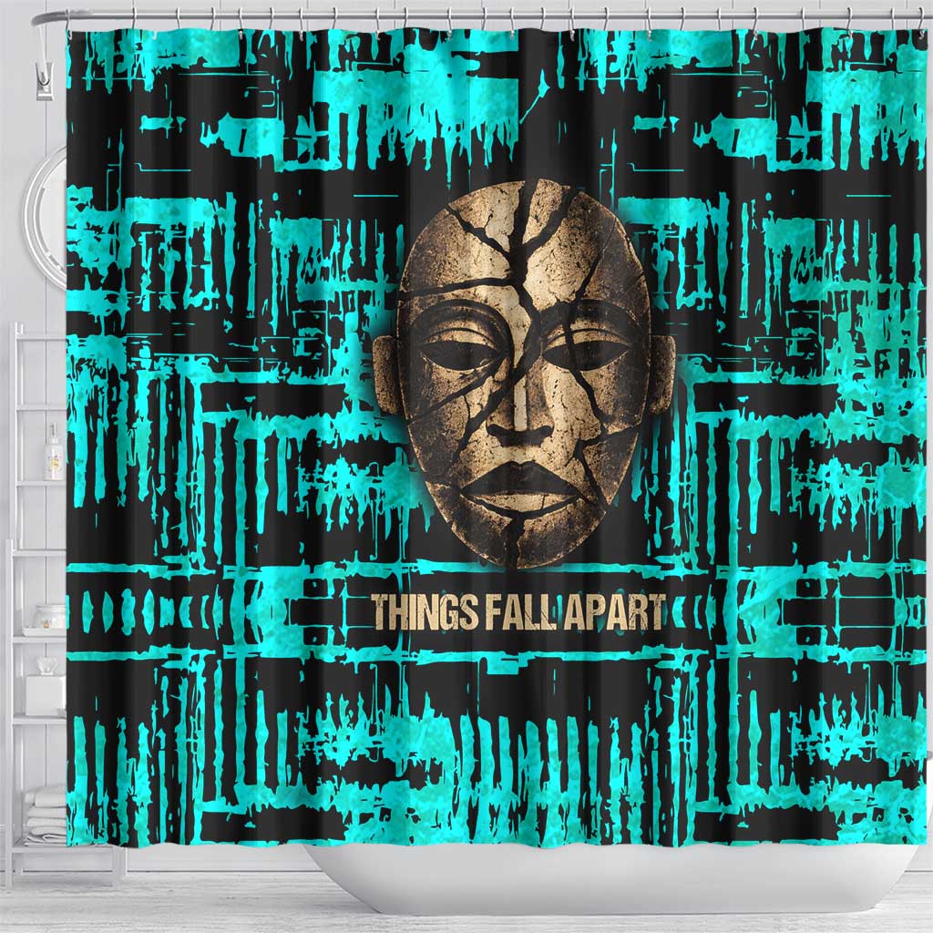 Chinua Achebe Shower Curtain with Tribal Mask Design, Things Fall Apart Quote and Teal Abstract - Wonder Print Shop