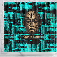 Chinua Achebe Shower Curtain with Tribal Mask Design, Things Fall Apart Quote and Teal Abstract - Wonder Print Shop