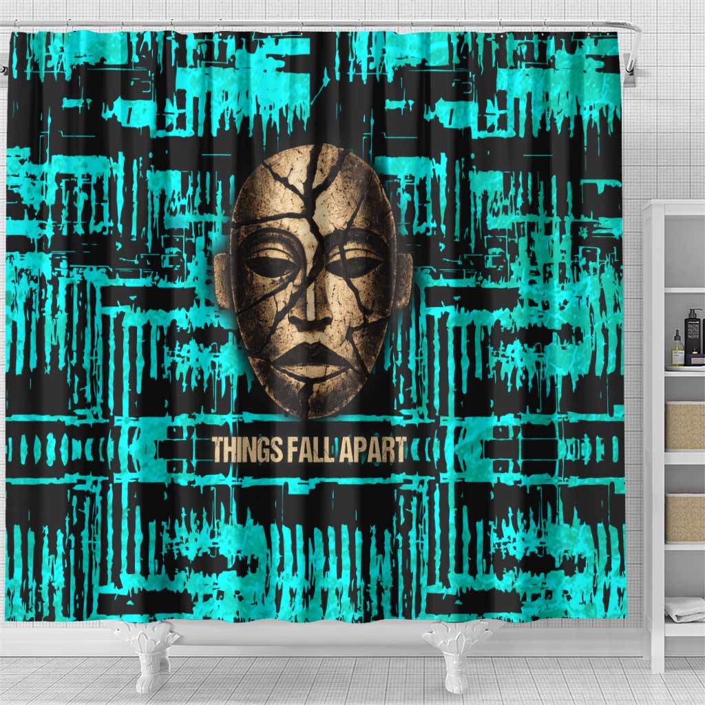 Chinua Achebe Shower Curtain with Tribal Mask Design, Things Fall Apart Quote and Teal Abstract - Wonder Print Shop