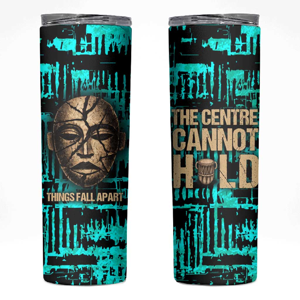 Chinua Achebe Skinny Tumbler with Tribal Mask Design, Things Fall Apart Quote and Teal Abstract - Wonder Print Shop
