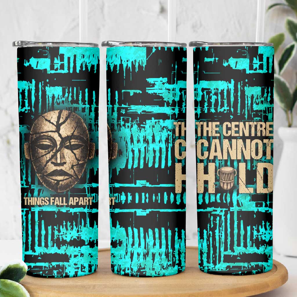 Chinua Achebe Skinny Tumbler with Tribal Mask Design, Things Fall Apart Quote and Teal Abstract - Wonder Print Shop