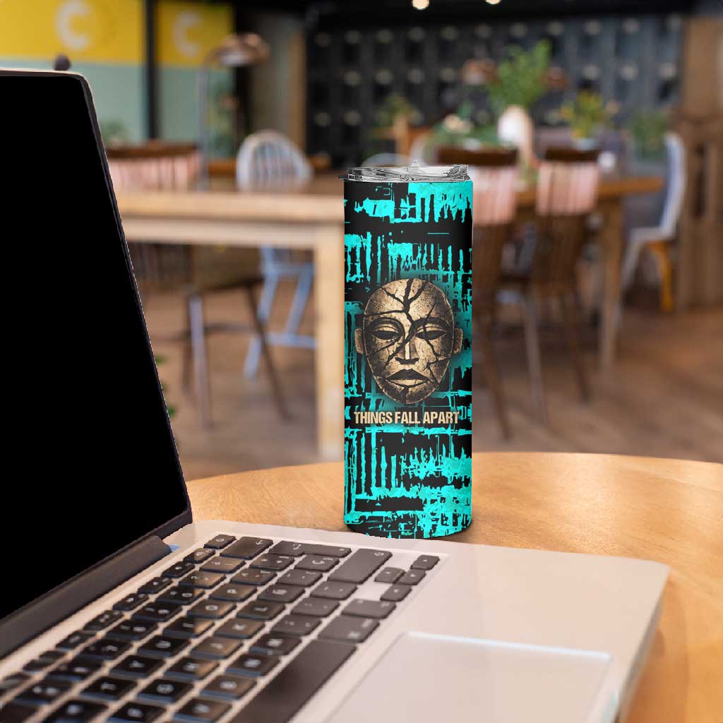 Chinua Achebe Skinny Tumbler with Tribal Mask Design, Things Fall Apart Quote and Teal Abstract - Wonder Print Shop