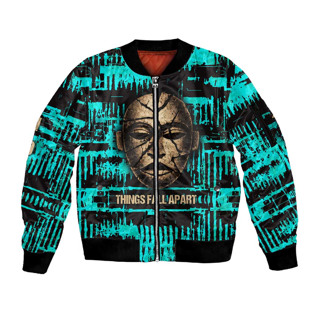 Chinua Achebe Sleeve Zip Bomber Jacket with Tribal Mask Design, Things Fall Apart Quote and Teal Abstract - Wonder Print Shop
