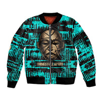 Chinua Achebe Sleeve Zip Bomber Jacket with Tribal Mask Design, Things Fall Apart Quote and Teal Abstract - Wonder Print Shop