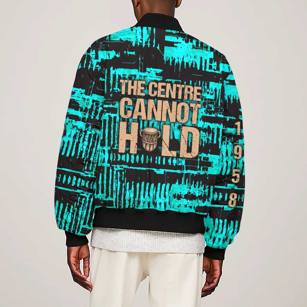 Chinua Achebe Sleeve Zip Bomber Jacket with Tribal Mask Design, Things Fall Apart Quote and Teal Abstract - Wonder Print Shop