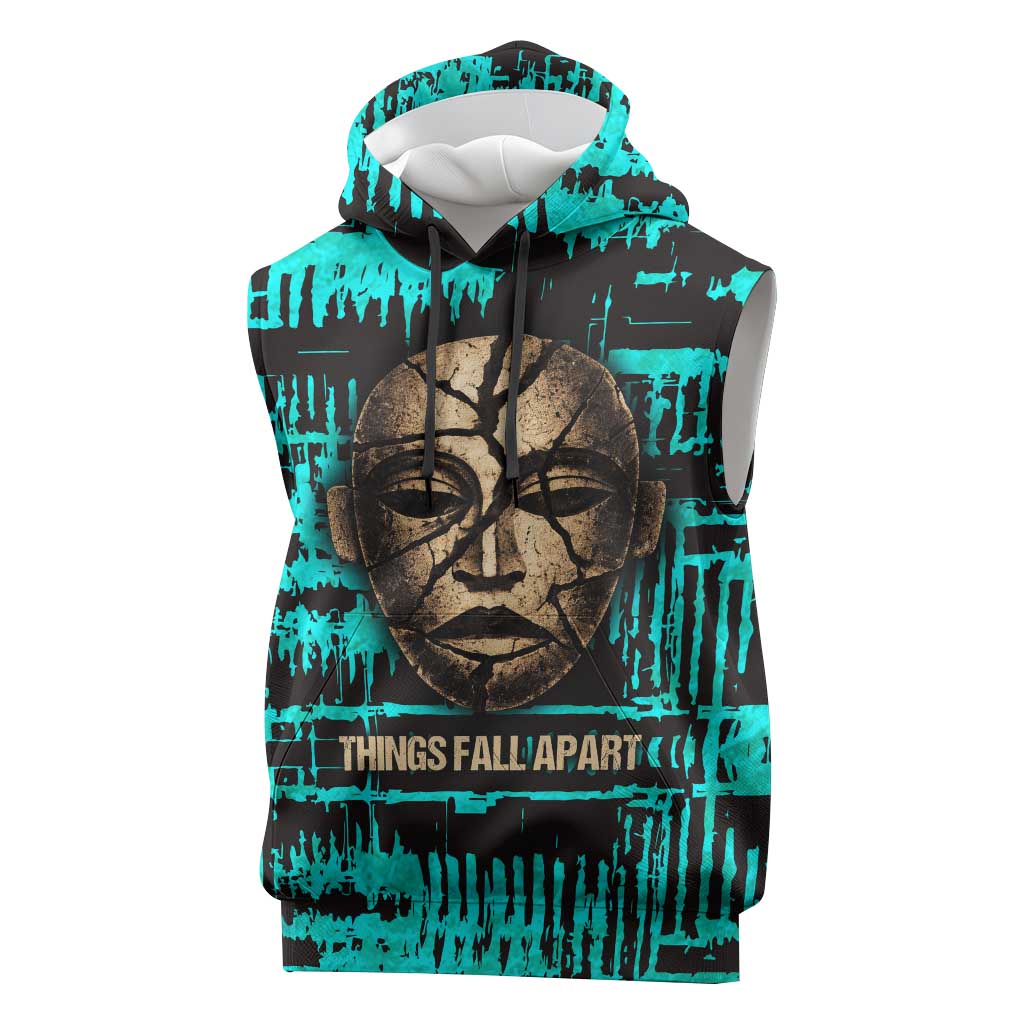 Chinua Achebe Sleeveless Hoodie with Tribal Mask Design, Things Fall Apart Quote and Teal Abstract - Wonder Print Shop