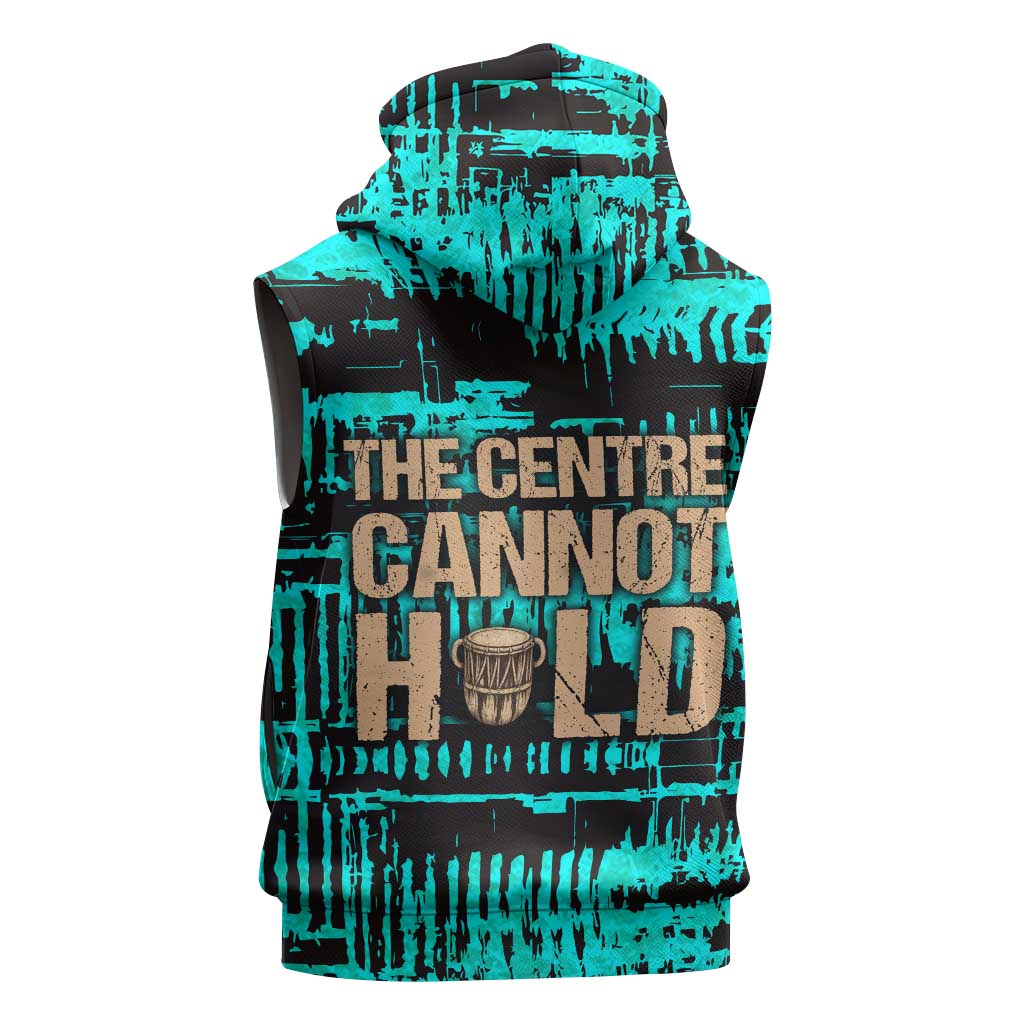 Chinua Achebe Sleeveless Hoodie with Tribal Mask Design, Things Fall Apart Quote and Teal Abstract - Wonder Print Shop