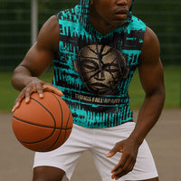 Chinua Achebe Sleeveless Hoodie with Tribal Mask Design, Things Fall Apart Quote and Teal Abstract - Wonder Print Shop