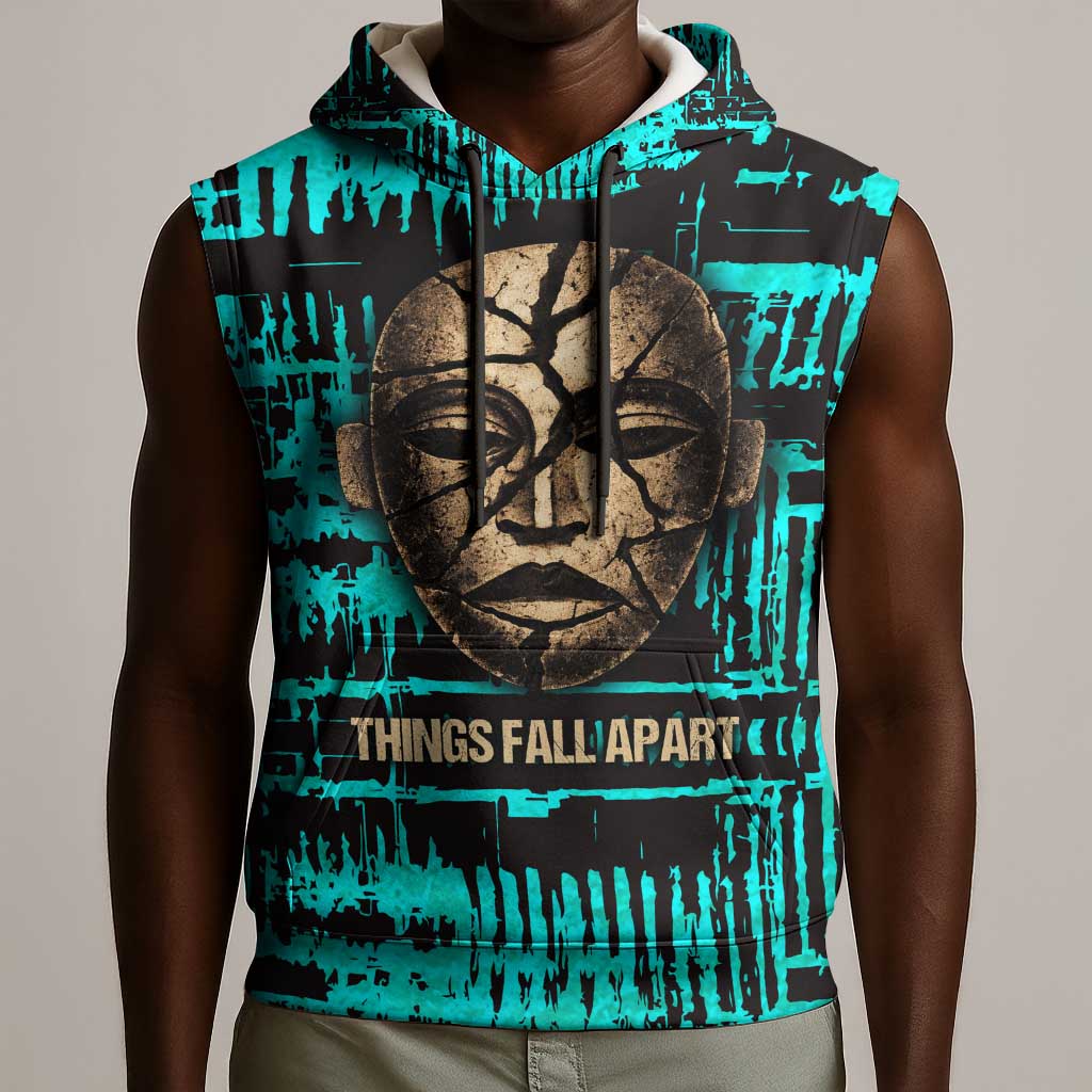 Chinua Achebe Sleeveless Hoodie with Tribal Mask Design, Things Fall Apart Quote and Teal Abstract - Wonder Print Shop