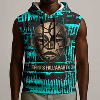 Chinua Achebe Sleeveless Hoodie with Tribal Mask Design, Things Fall Apart Quote and Teal Abstract - Wonder Print Shop