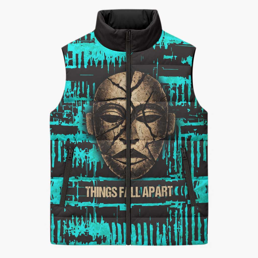 Chinua Achebe Sleeveless Puffer Jacket with Tribal Mask Design, Things Fall Apart Quote and Teal Abstract - Wonder Print Shop