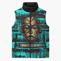 Chinua Achebe Sleeveless Puffer Jacket with Tribal Mask Design, Things Fall Apart Quote and Teal Abstract - Wonder Print Shop