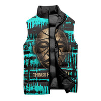 Chinua Achebe Sleeveless Puffer Jacket with Tribal Mask Design, Things Fall Apart Quote and Teal Abstract - Wonder Print Shop