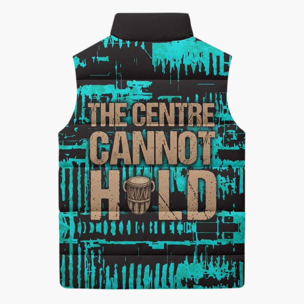 Chinua Achebe Sleeveless Puffer Jacket with Tribal Mask Design, Things Fall Apart Quote and Teal Abstract - Wonder Print Shop