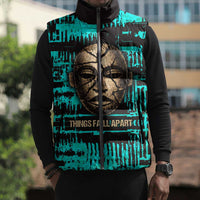 Chinua Achebe Sleeveless Puffer Jacket with Tribal Mask Design, Things Fall Apart Quote and Teal Abstract - Wonder Print Shop