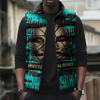 Chinua Achebe Sleeveless Puffer Jacket with Tribal Mask Design, Things Fall Apart Quote and Teal Abstract - Wonder Print Shop