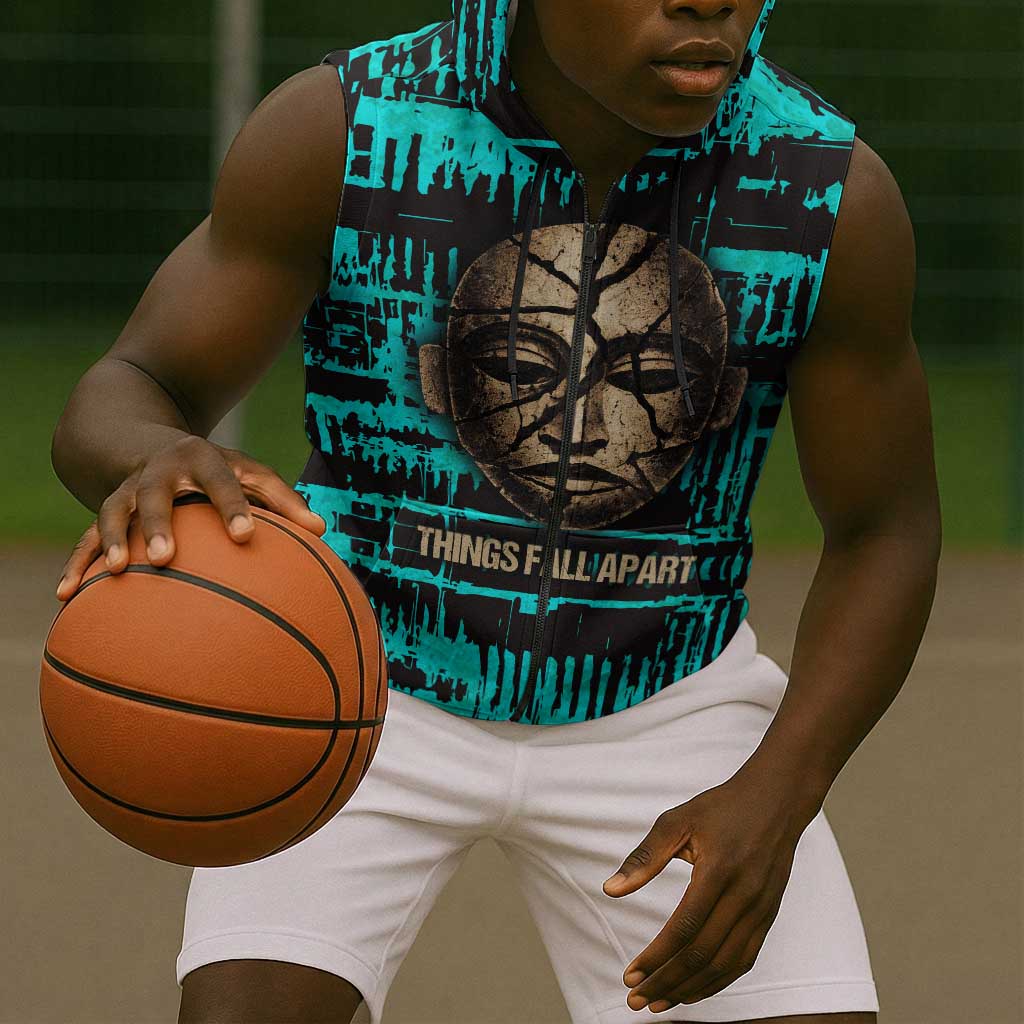 Chinua Achebe Sleeveless Zip Hoodie with Tribal Mask Design, Things Fall Apart Quote and Teal Abstract - Wonder Print Shop